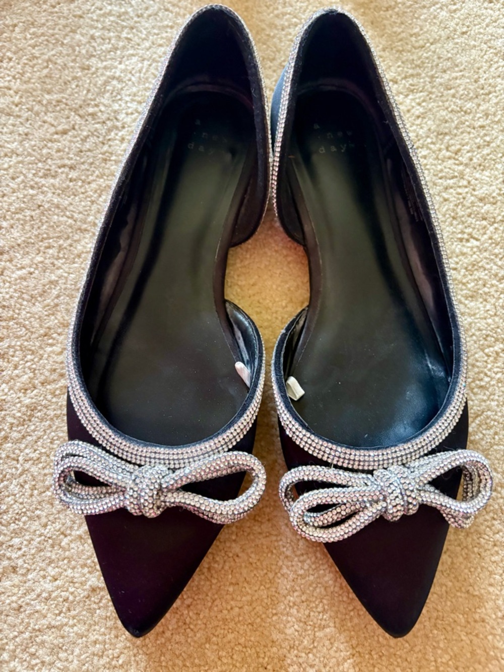 A New Day Black Satin & Silver Rhinestone Bow Ballet flats